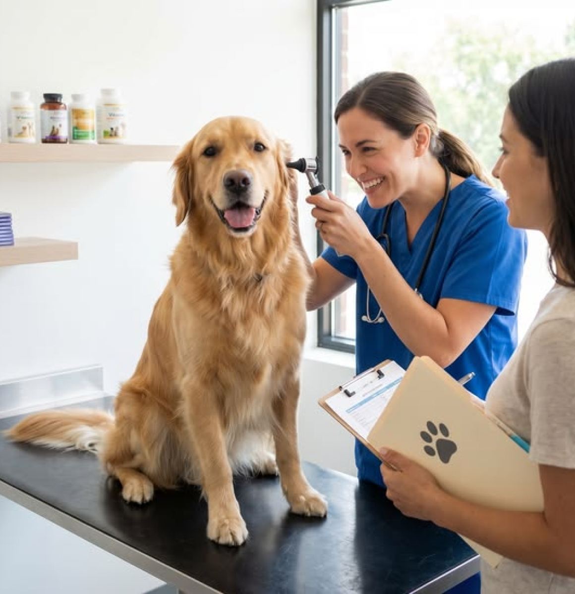 A vet checking a golden retriever’s ear while its owner takes notes